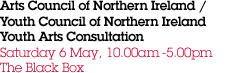 Arts Council of Northern Ireland /  Youth Council of Northern Ireland Youth Arts Consultation Saturday 6 May, 10.00am -5.00pm  The Black Box 